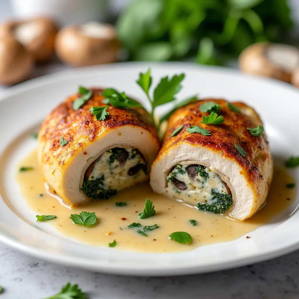Golden-brown Creamy Mushroom and Spinach Stuffed Chicken sliced in half, with creamy sauce and fresh parsley garnish on a white plate.