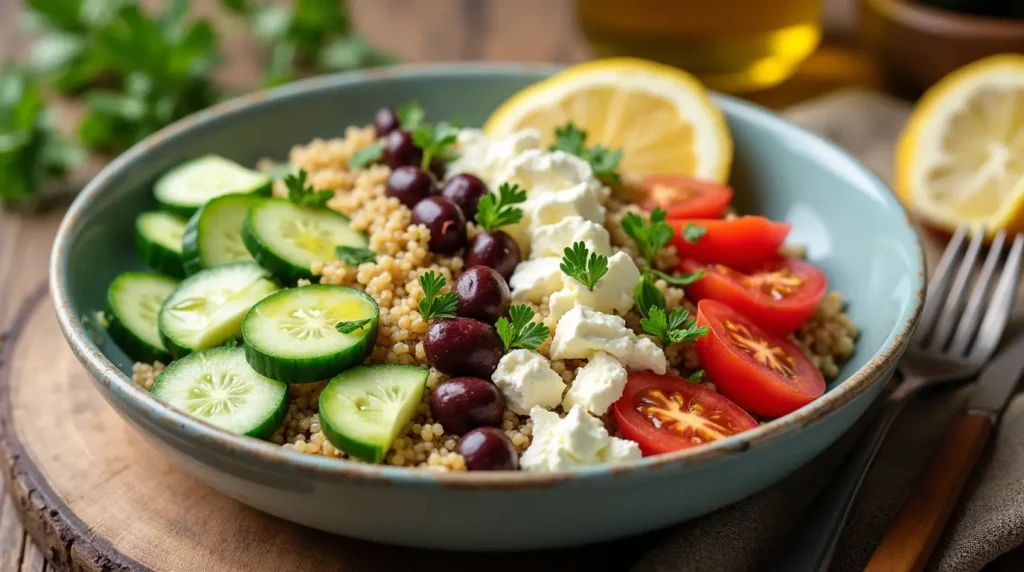 A Mediterranean Quinoa Power Bowl featuring quinoa, cucumbers, cherry tomatoes, olives, feta cheese, and a lemon wedge, garnished with parsley and olive oil.