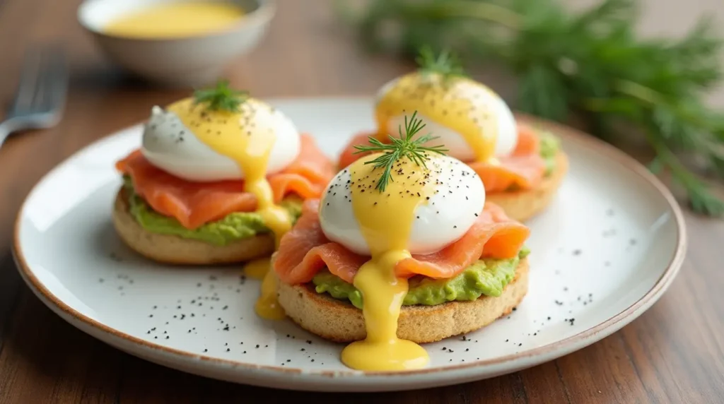 Smoked Salmon and Avocado Eggs Royale with poached eggs and hollandaise sauce on a white plate.