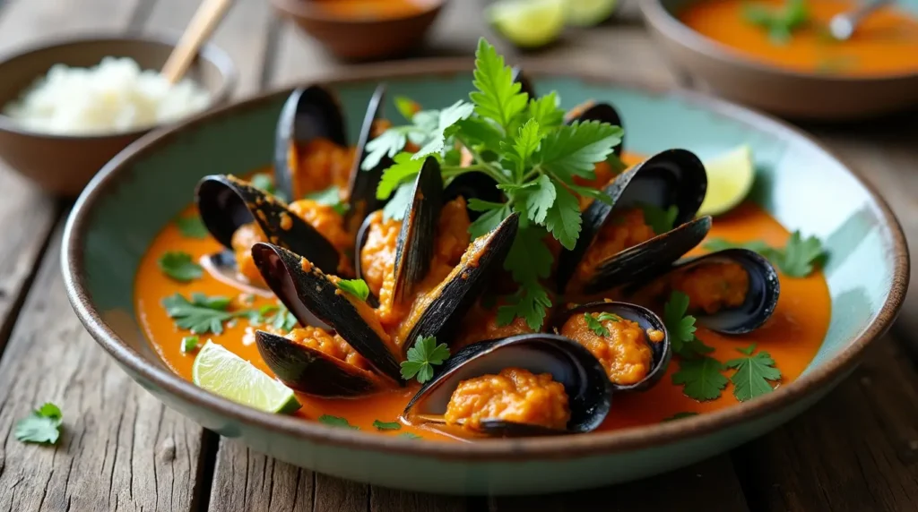 A bowl of Thai Coconut Curry Mussels in a creamy curry sauce, garnished with lime, cilantro, and Thai basil, served with jasmine rice.