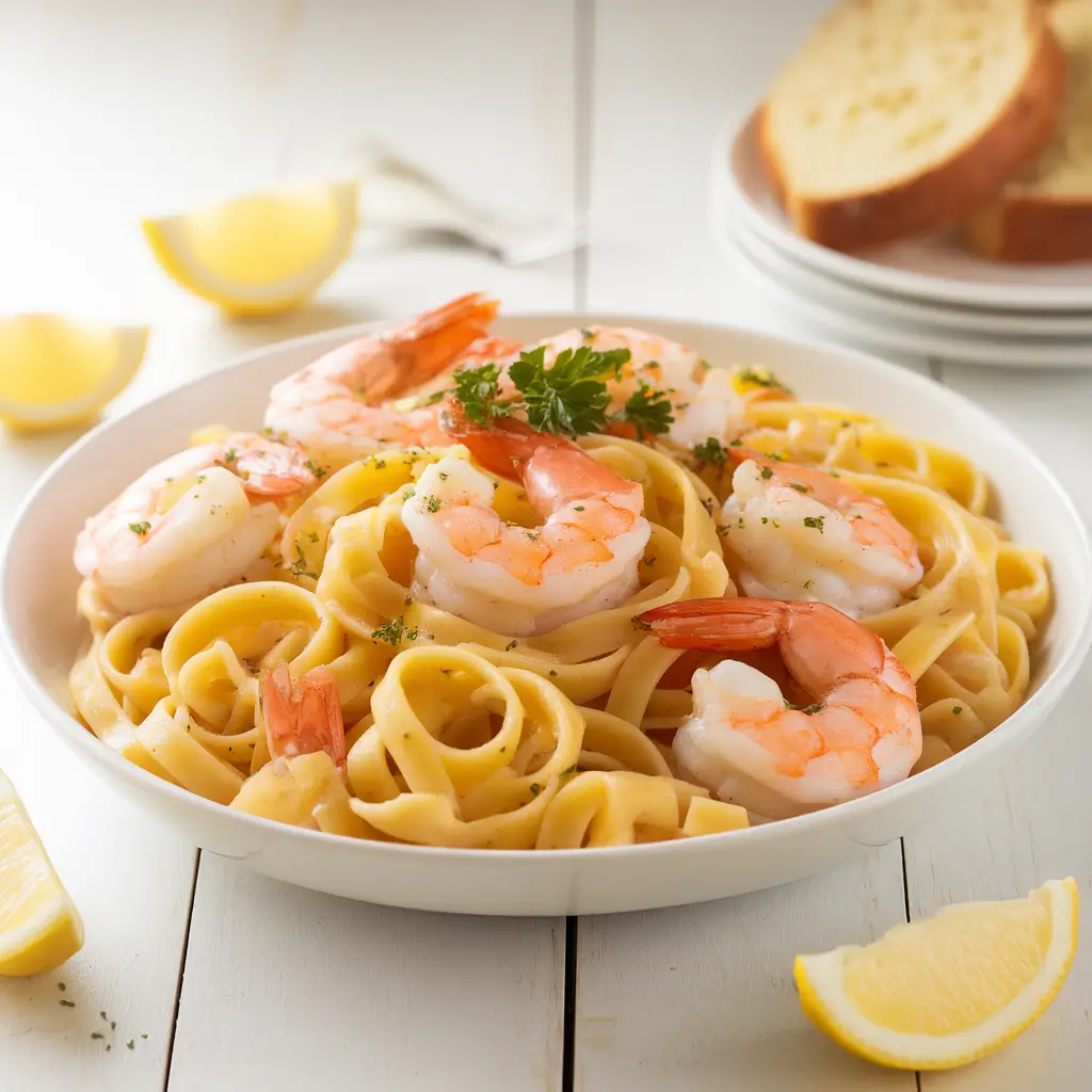 A close-up of lemon butter garlic shrimp pasta with linguine, tender shrimp, fresh parsley garnish, lemon wedges, and garlic bread on a rustic wooden table.