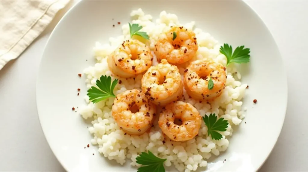 Garlic butter shrimp with cauliflower rice garnished with parsley and chili flakes
