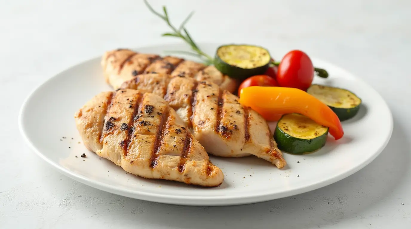 Grilled chicken with roasted vegetables, including zucchini, cherry tomatoes, and bell peppers