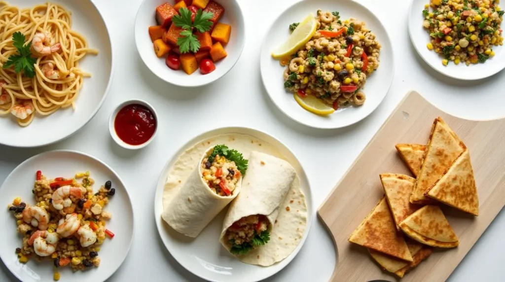 A flat-lay of 15-minute dinners featuring garlic butter shrimp pasta, veggie stir-fry, chicken Caesar wraps, and black bean and corn quesadillas.