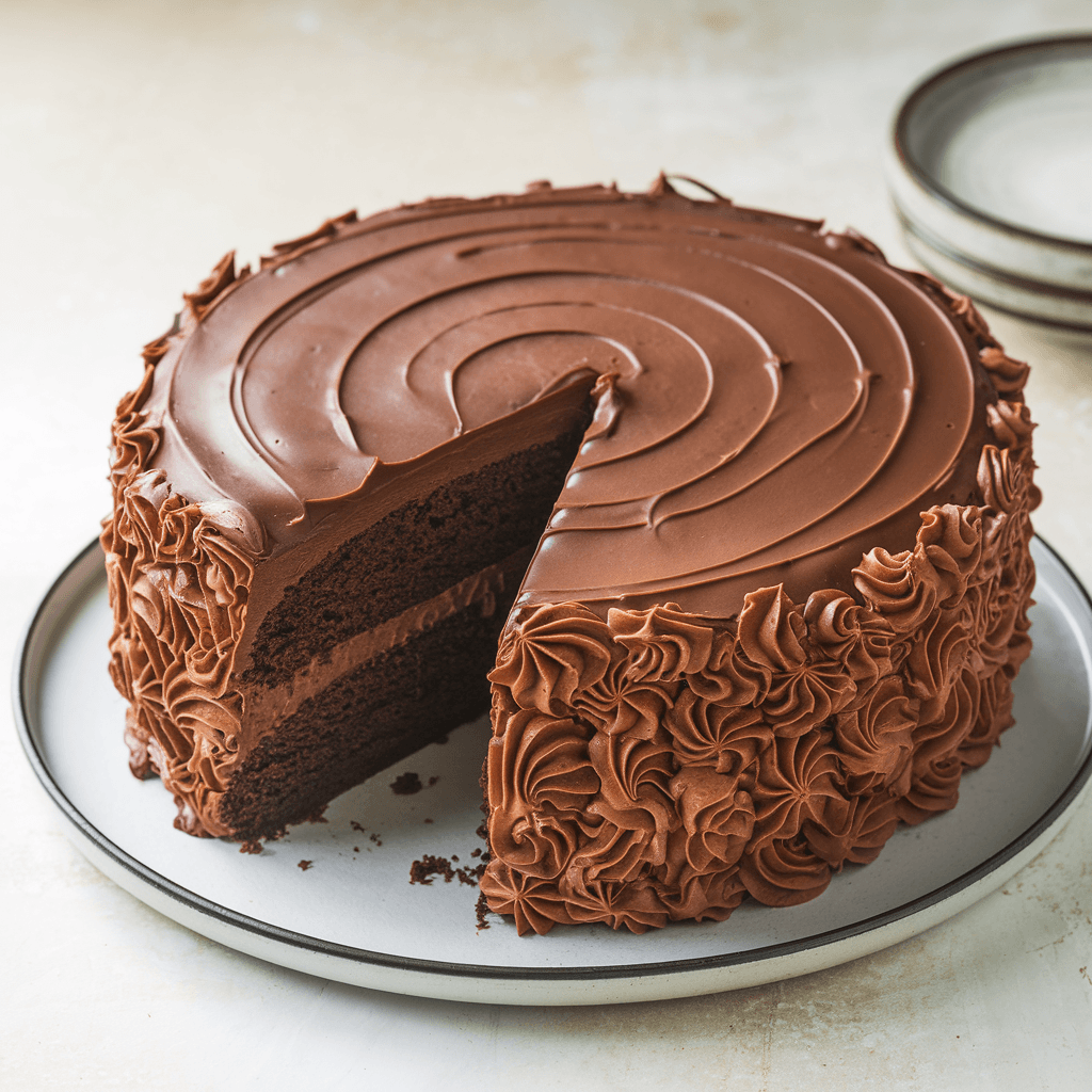 A freshly baked easy homemade chocolate cake with a glossy chocolate glaze and decorative sprinkles.