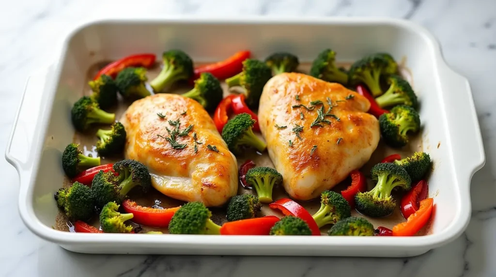 One-pan lemon garlic chicken with roasted broccoli and red bell peppers