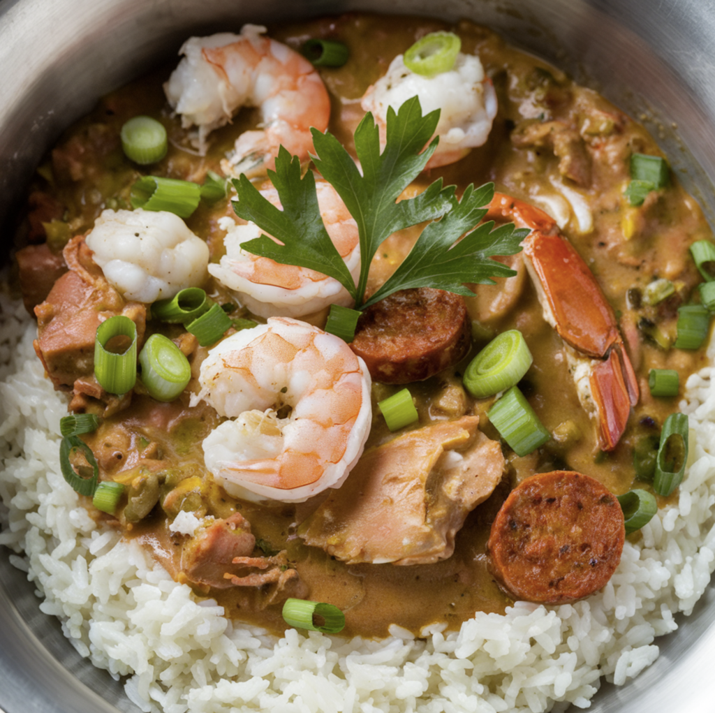 A hearty bowl of seafood gumbo recipe featuring shrimp, crab, okra, and a rich roux-based broth.