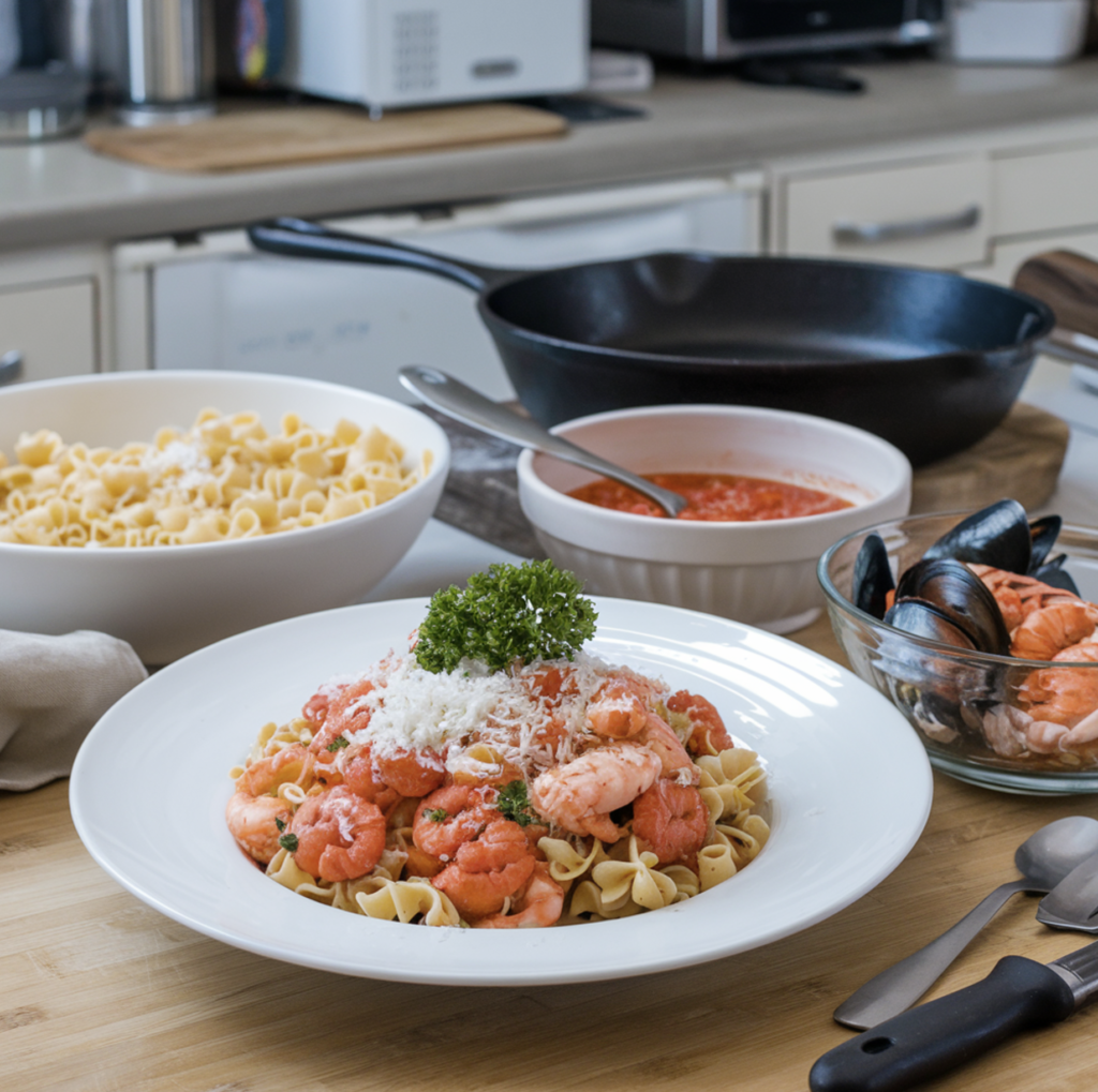 A beautifully plated seafood pasta recipe with shrimp, scallops, and a creamy sauce.