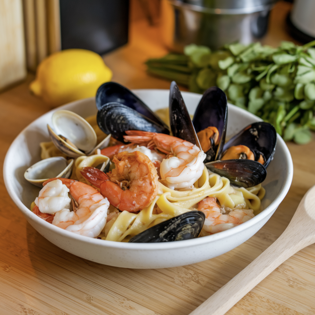 A beautifully plated seafood pasta recipe with shrimp, scallops, and a creamy sauce.