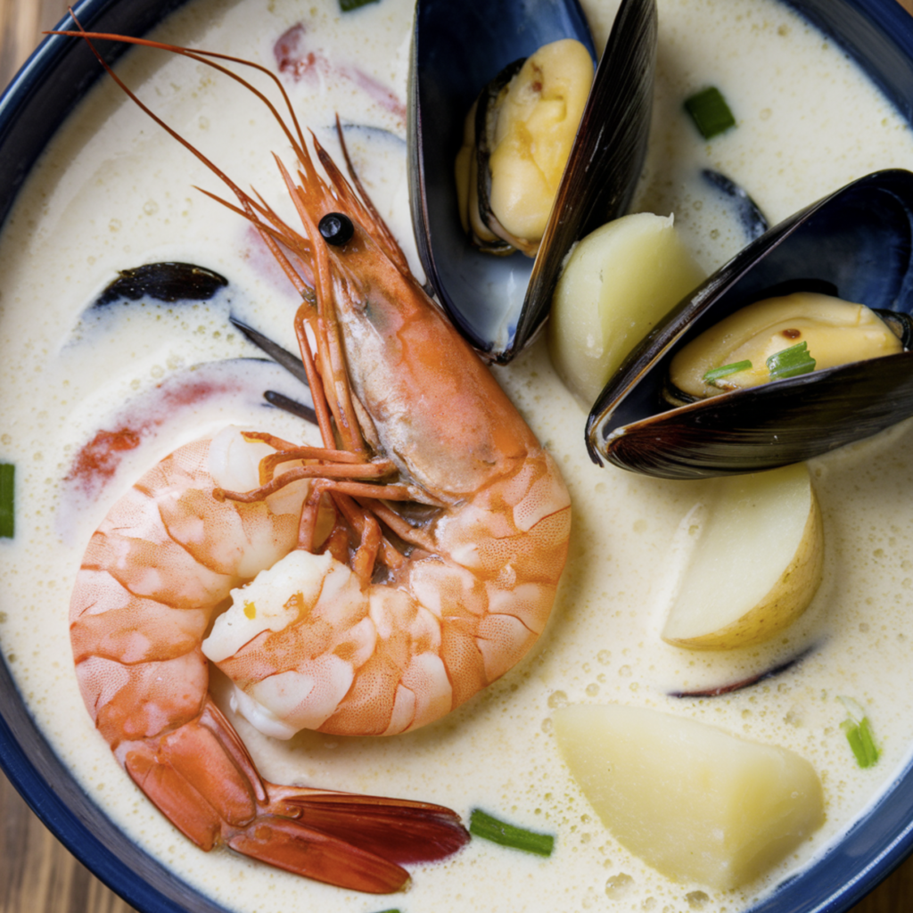 A creamy bowl of seafood chowder recipe with fresh shrimp, clams, and a garnish of parsley, served with crusty bread.