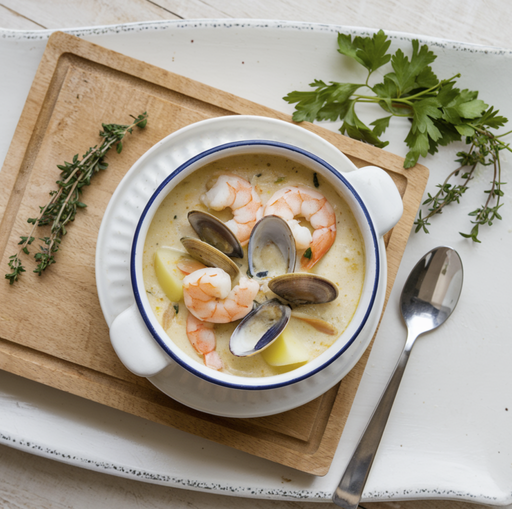 A creamy bowl of seafood chowder recipe with fresh shrimp, clams, and a garnish of parsley, served with crusty bread.