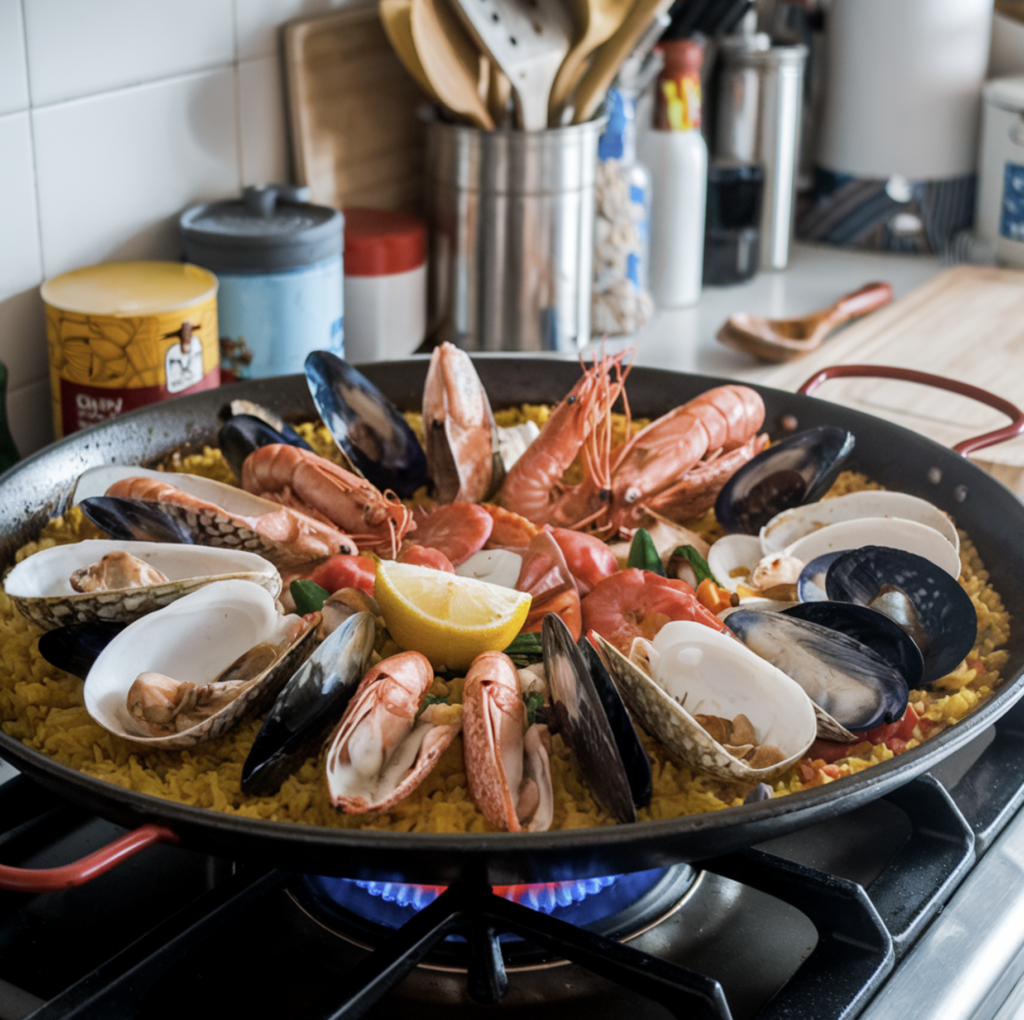 Vibrant seafood paella recipe with shrimp, mussels, and golden rice in a large pan, garnished with fresh parsley and lemon wedges.