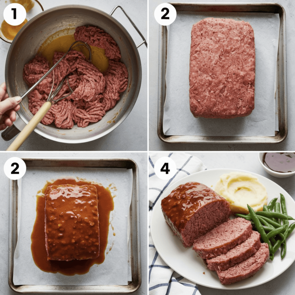 A hearty slice of Cracker Barrel-style meatloaf topped with a shiny glaze, served with mashed potatoes and green beans.