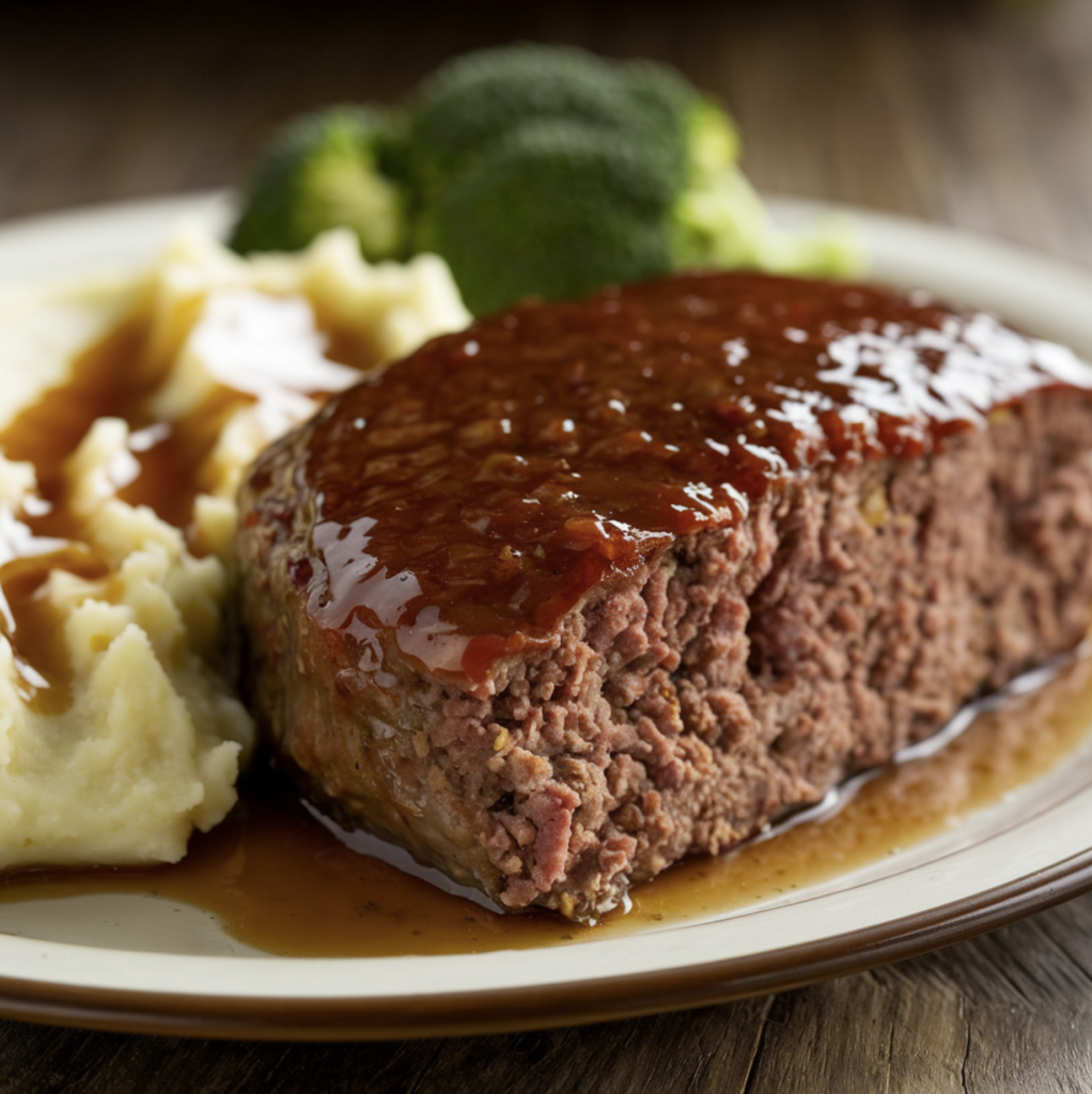 A hearty slice of Cracker Barrel-style meatloaf topped with a shiny glaze, served with mashed potatoes and green beans.