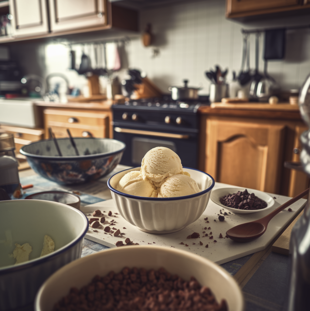 A creamy bowl of vanilla ice cream with a sprig of mint and a vanilla bean garnish.