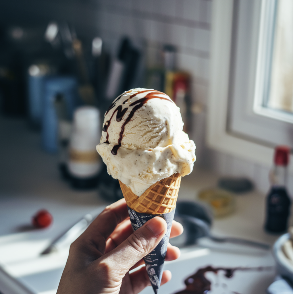 A creamy bowl of vanilla ice cream with a sprig of mint and a vanilla bean garnish.