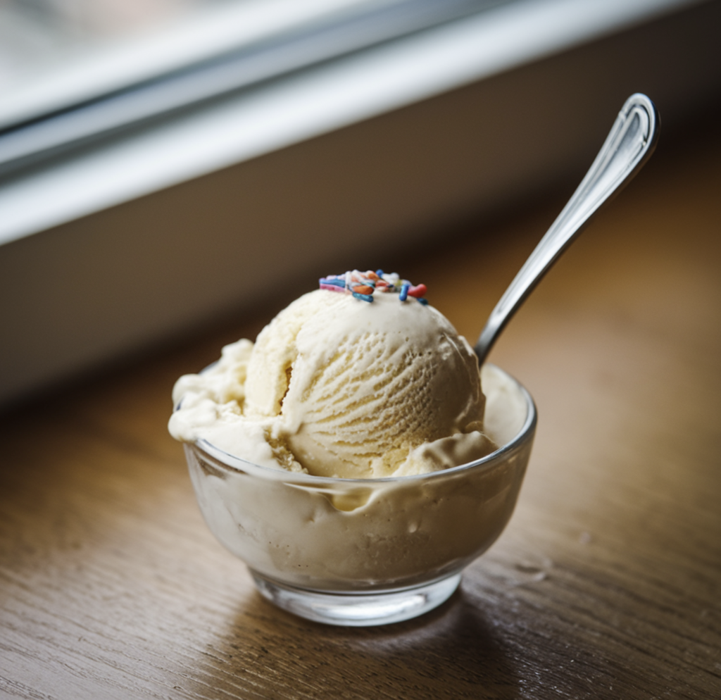 A creamy bowl of vanilla ice cream with a sprig of mint and a vanilla bean garnish.