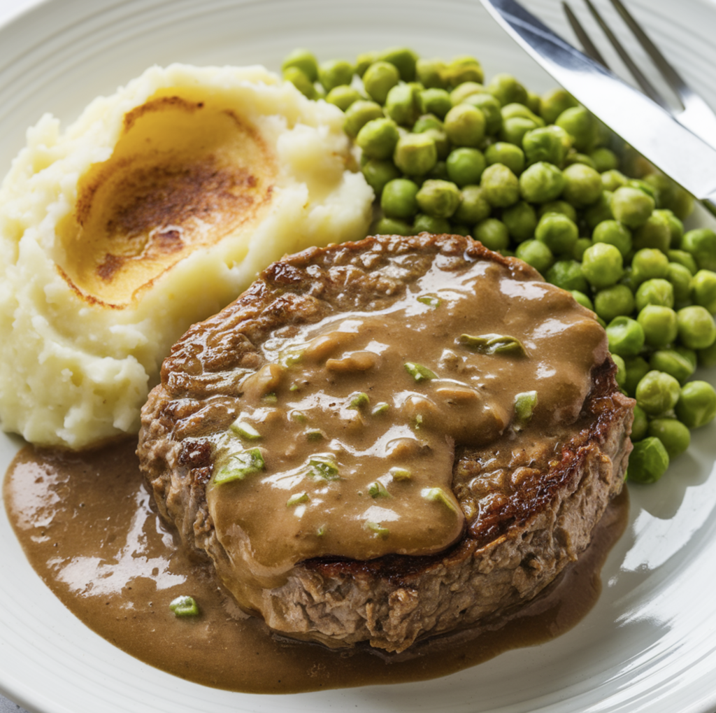 Juicy Salisbury steak served with rich mushroom gravy and mashed potatoes.