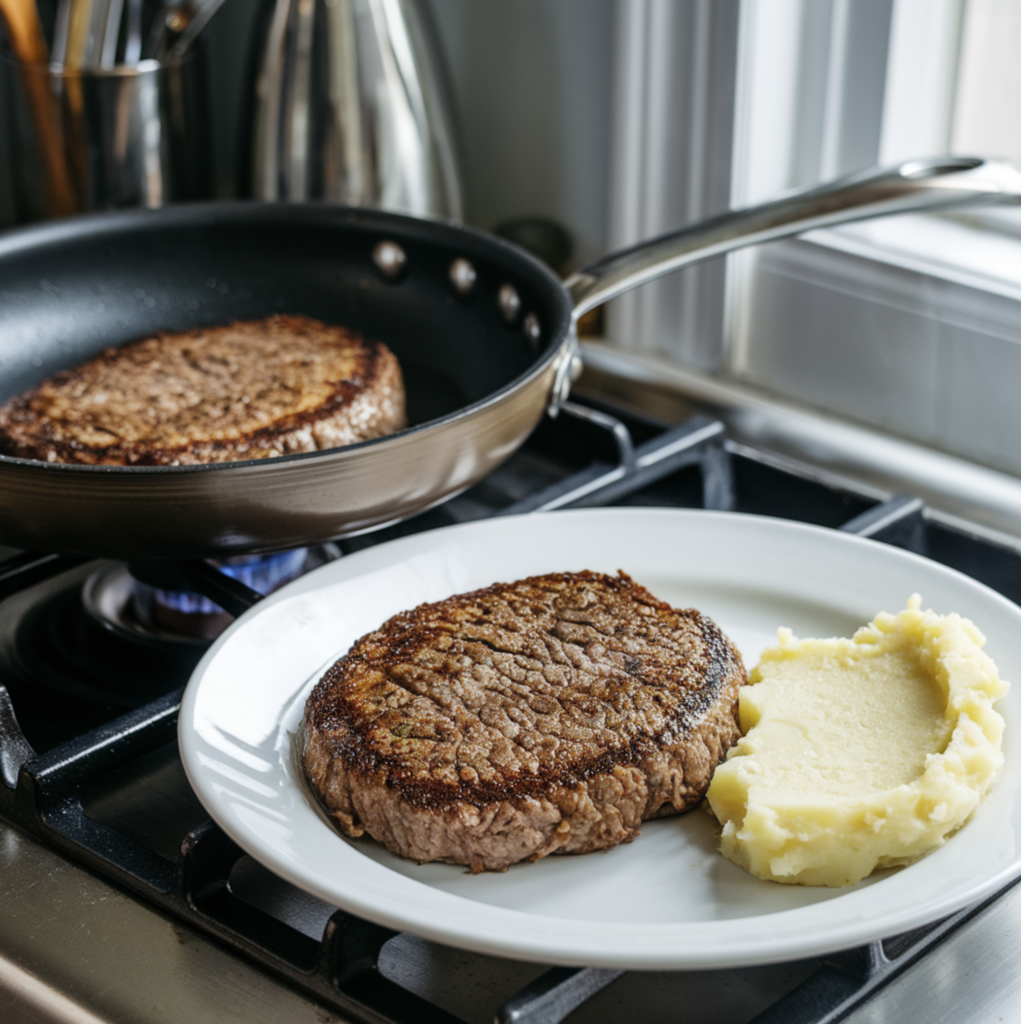 Juicy Salisbury steak served with rich mushroom gravy and mashed potatoes.