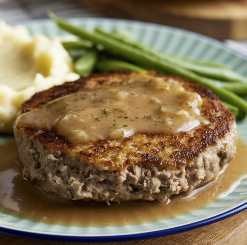 Juicy Salisbury steak served with rich mushroom gravy and mashed potatoes.