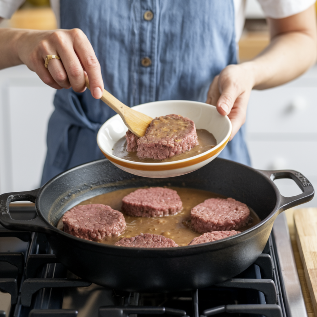 Juicy Salisbury steak served with rich mushroom gravy and mashed potatoes.