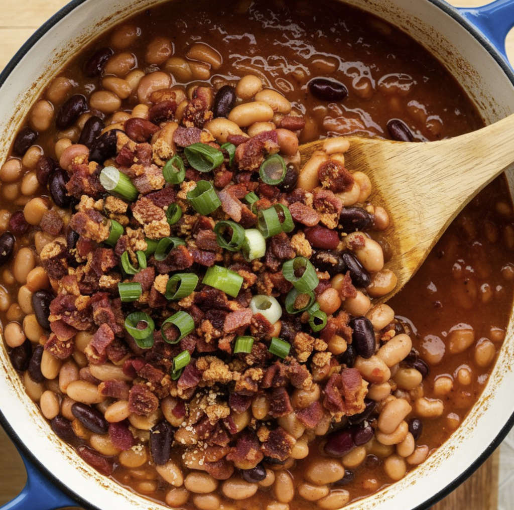 A delicious plate of baked beans garnished with fresh parsley, served with crusty bread.