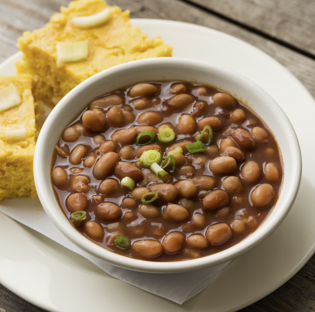 A delicious plate of baked beans garnished with fresh parsley, served with crusty bread.