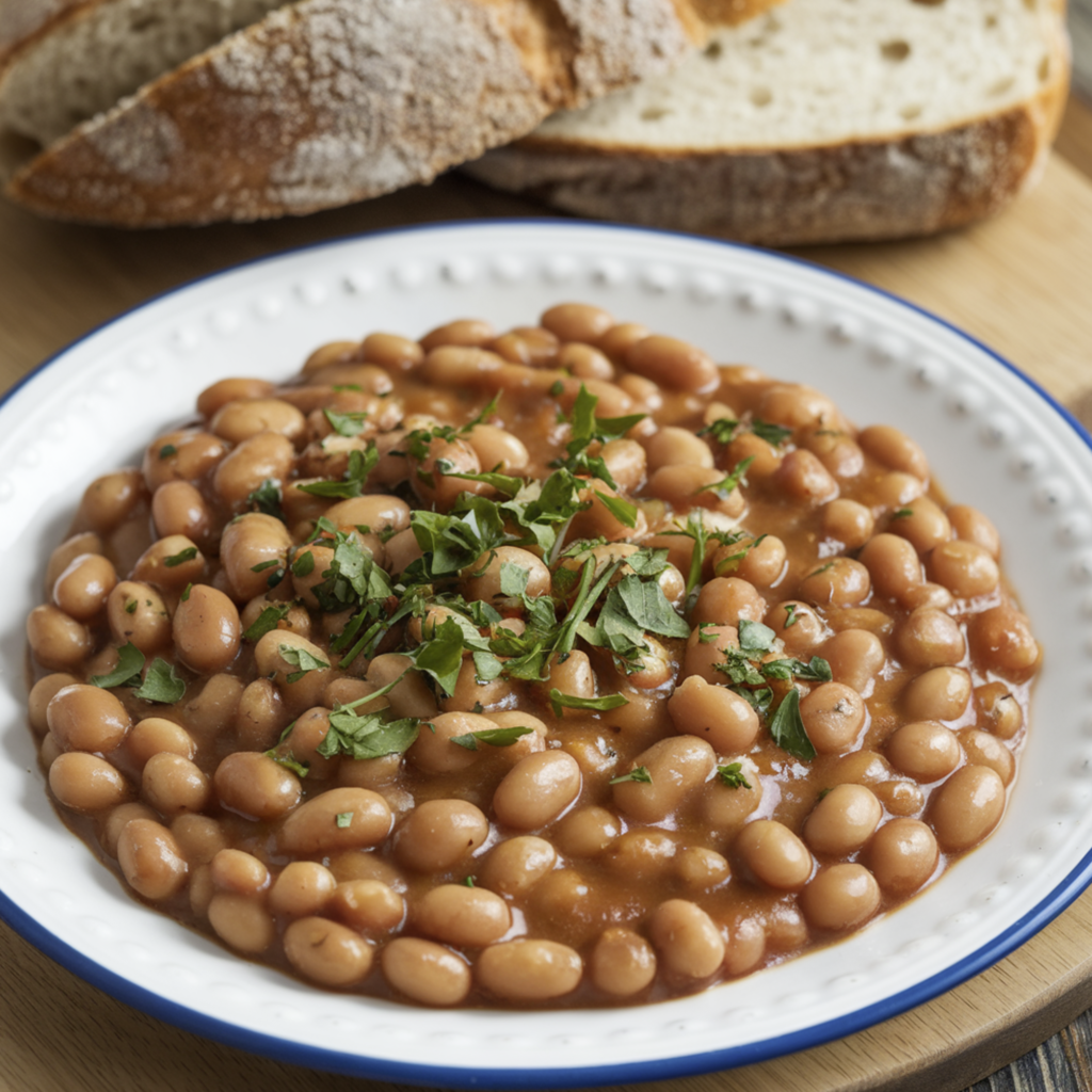 A delicious plate of baked beans garnished with fresh parsley, served with crusty bread.