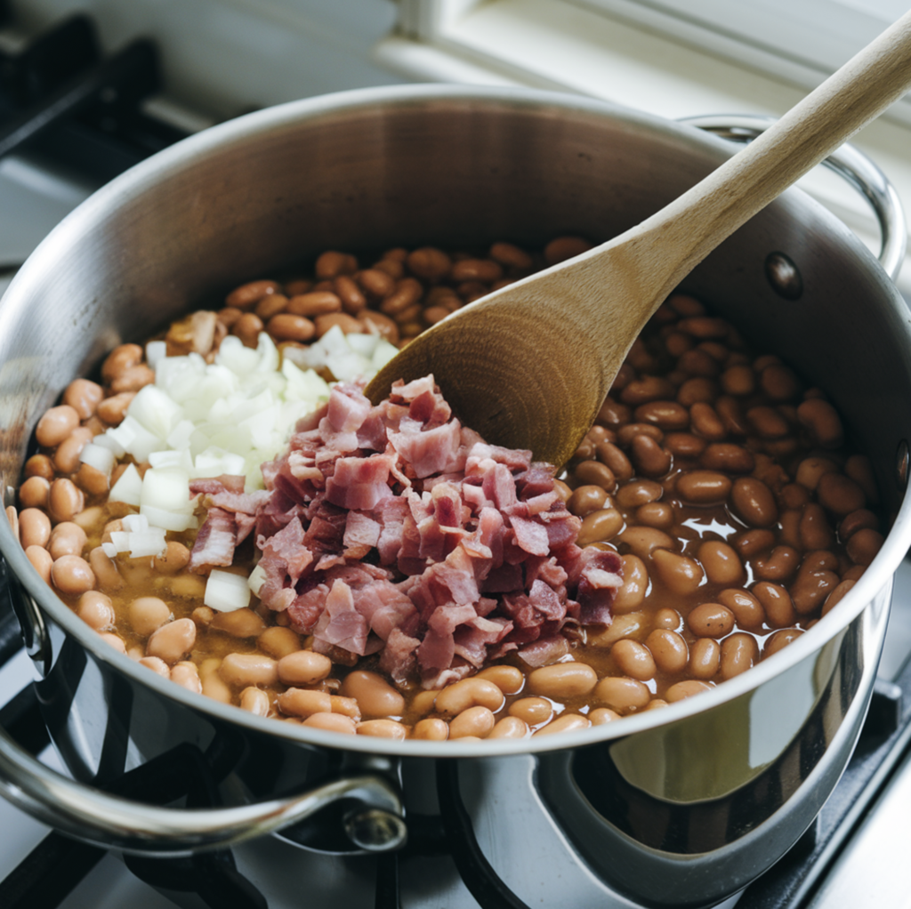 A delicious plate of baked beans garnished with fresh parsley, served with crusty bread.