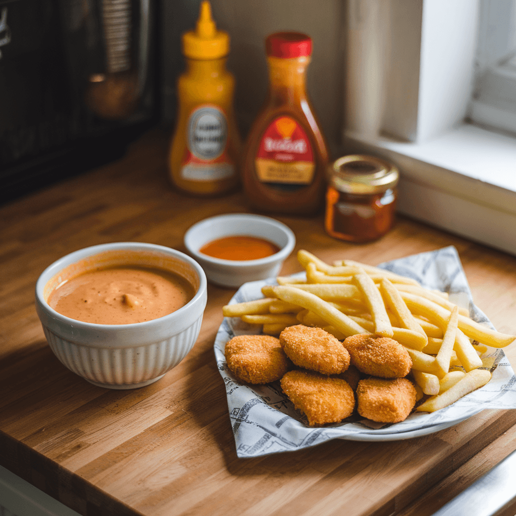 A homemade Chick-fil-A sauce in a small dipping bowl with crispy waffle fries and nuggets.