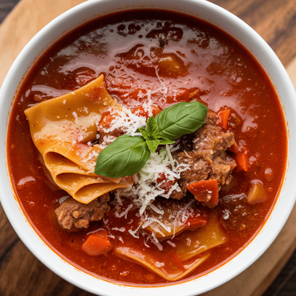 A steaming bowl of hearty lasagna soup garnished with basil and ricotta cheese.