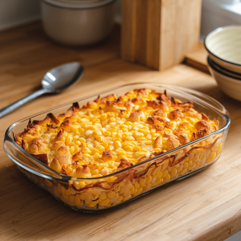 A golden-baked corn casserole without Jiffy mix on a rustic table with fresh ingredients around.