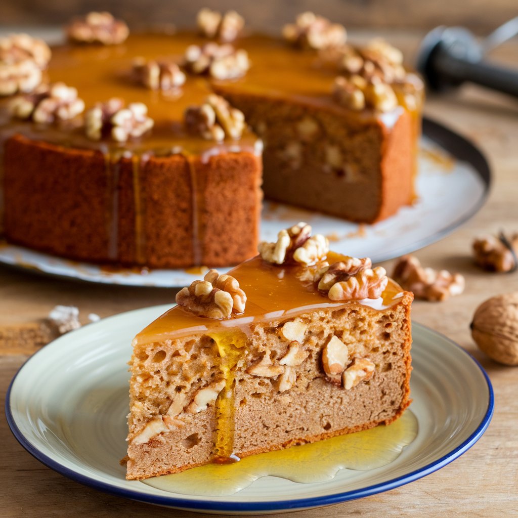 A beautifully baked Easy Banana Honey Cake Recipe with honey drizzle and fresh banana slices on a serving tray.