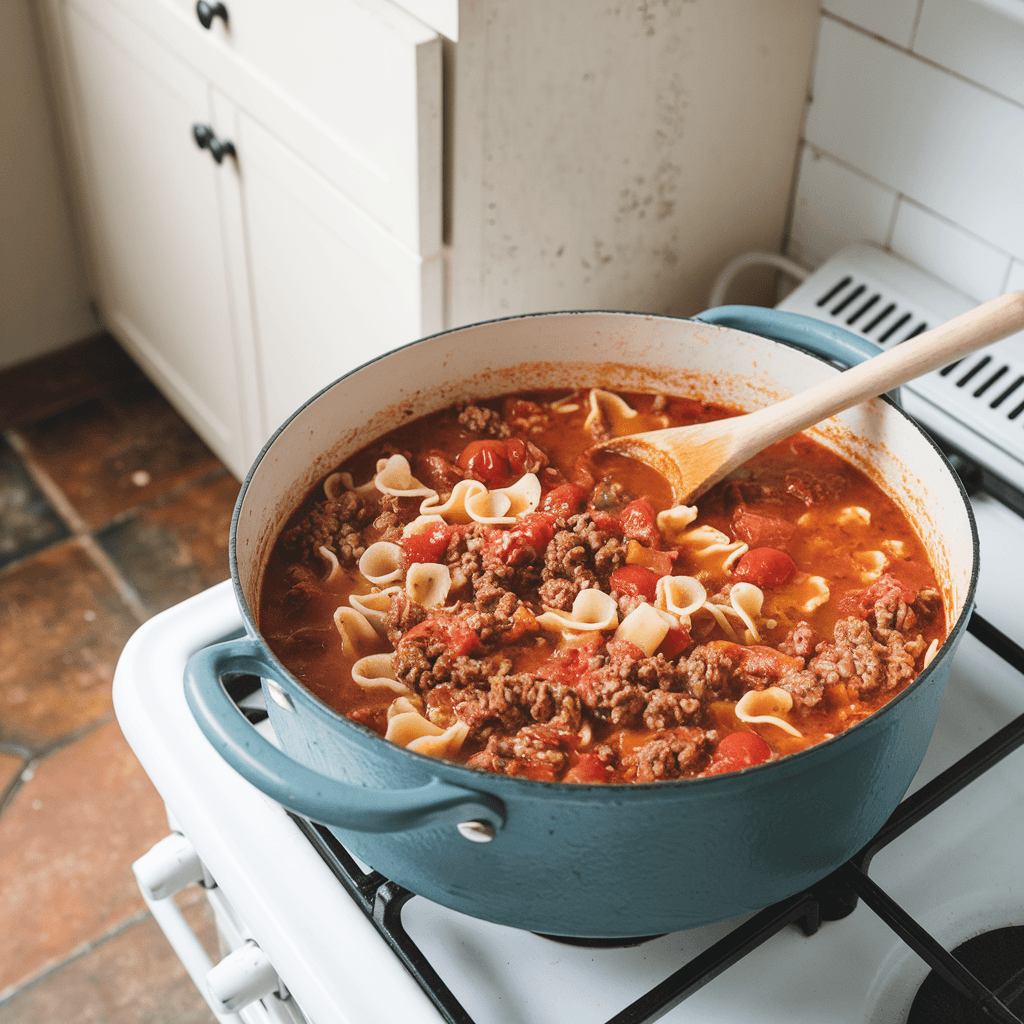 A steaming bowl of hearty lasagna soup garnished with basil and ricotta cheese.