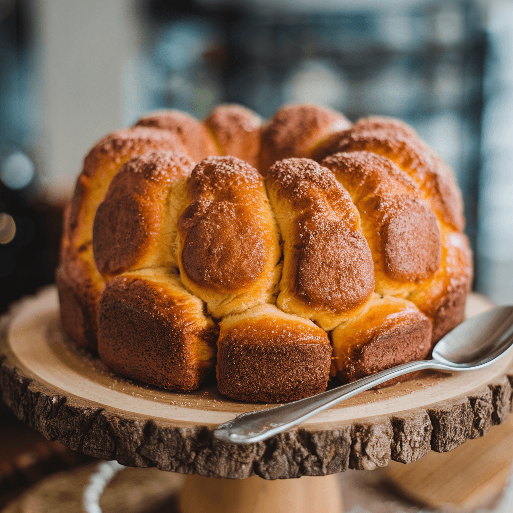 A golden, caramelized monkey bread pull-apart dessert in a Bundt pan, drizzled with gooey glaze.