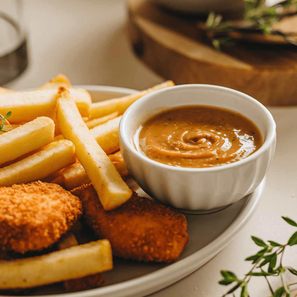 A bowl of creamy homemade Chick-fil-A sauce with golden waffle fries and chicken nuggets.