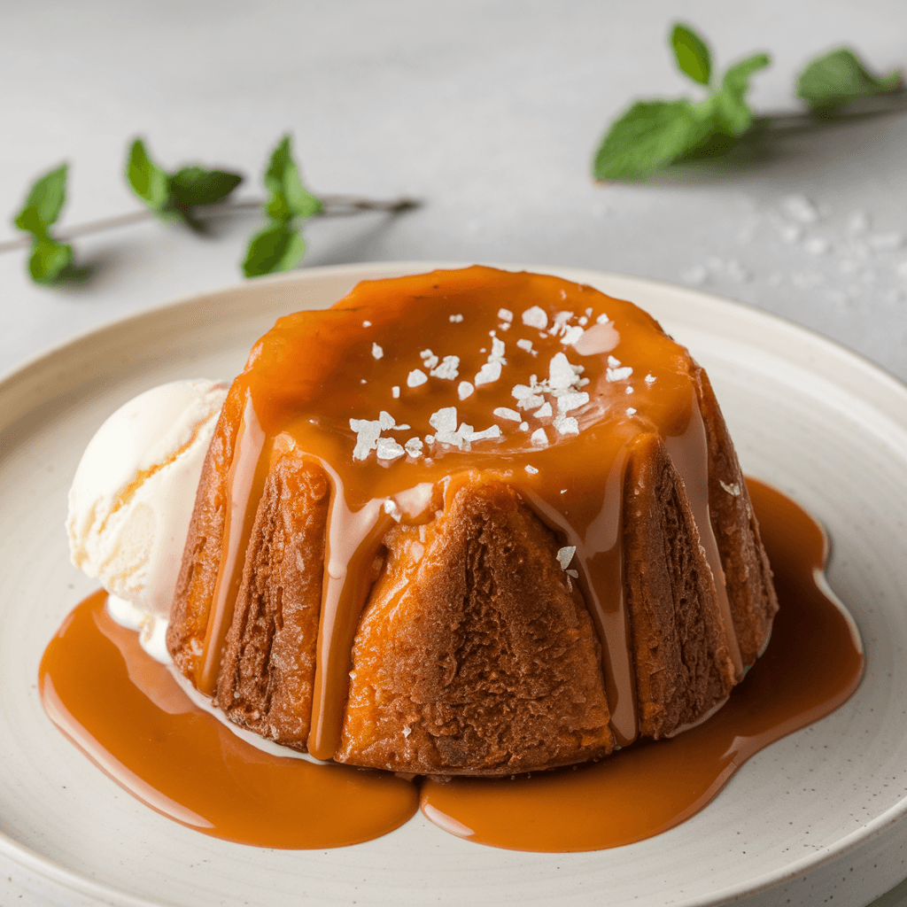 A warm serving of toffee pudding drizzled with caramel sauce and garnished with whipped cream.