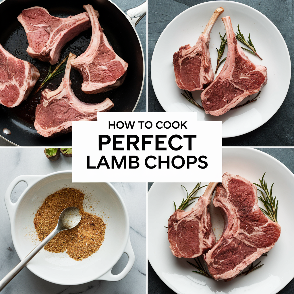 A plated serving of perfectly seared lamb chops garnished with herbs.