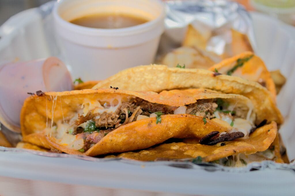 A plate of crispy birria tacos with rich consommé on the side for dipping.