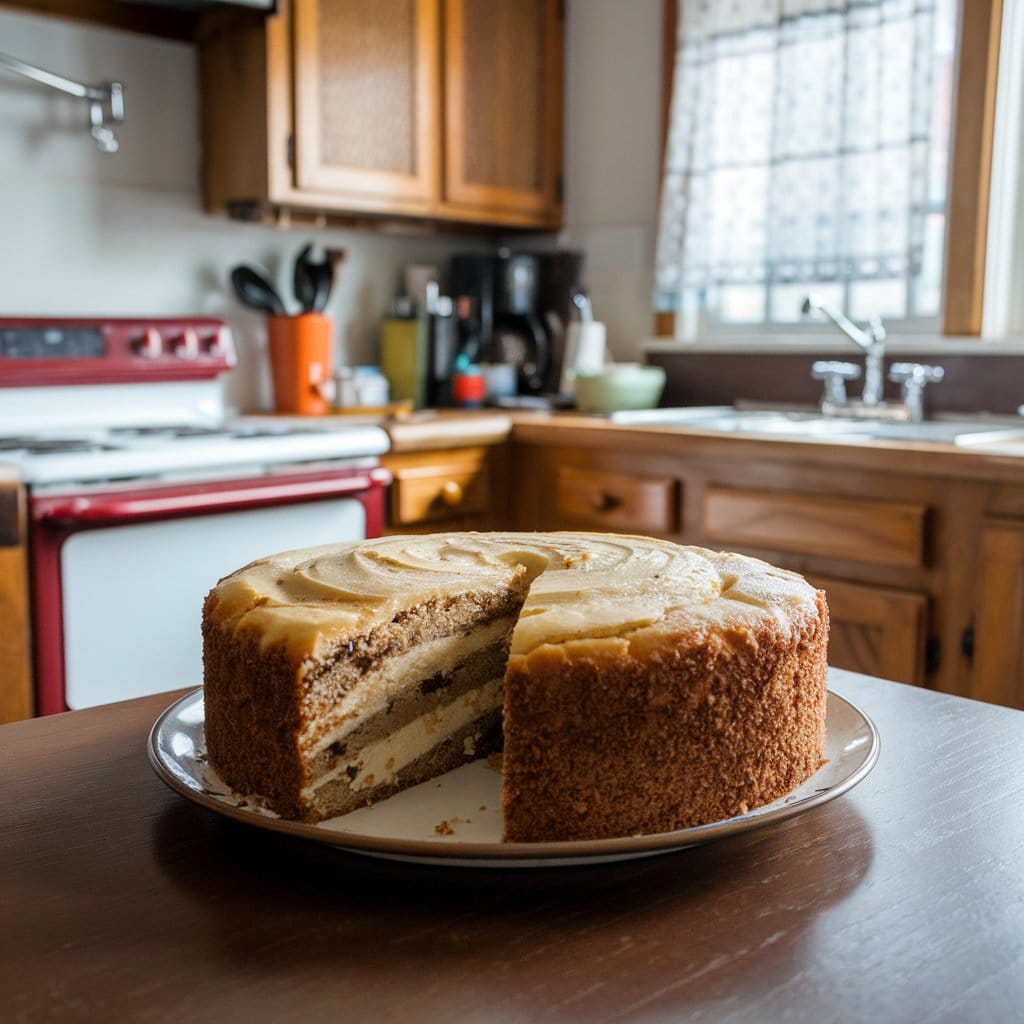 A beautifully layered Hummingbird Cake with cream cheese frosting, garnished with chopped pecans and sliced bananas.