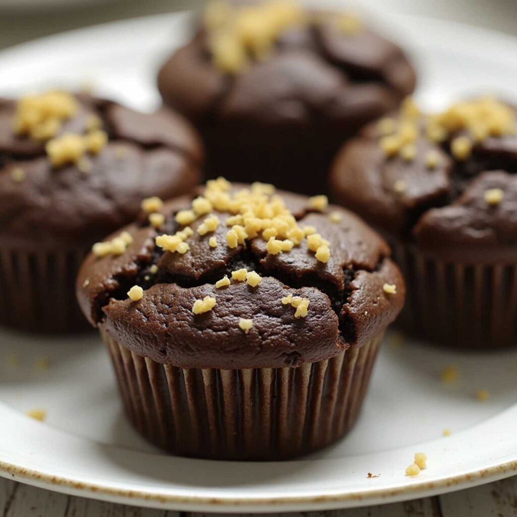 How to make olympic chocolate muffins? Freshly baked Olympic chocolate muffins on a plate with a golden topping.