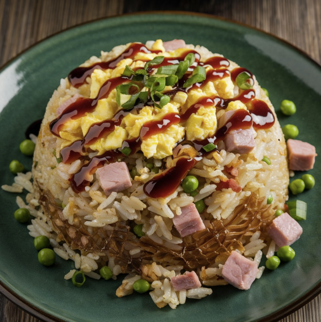 Blackstone Fried Rice being cooked on a griddle with fresh vegetables, eggs, and shrimp.