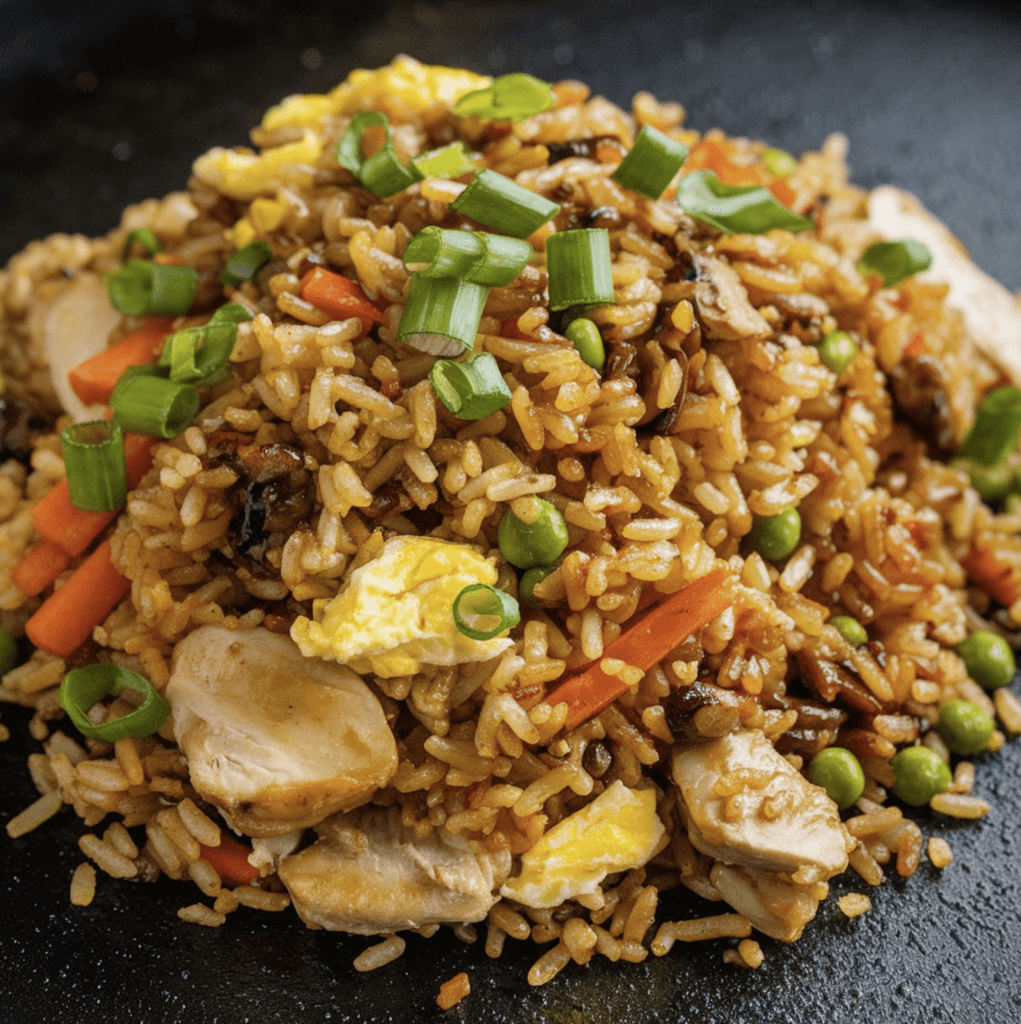 Blackstone Fried Rice being cooked on a griddle with fresh vegetables, eggs, and shrimp.