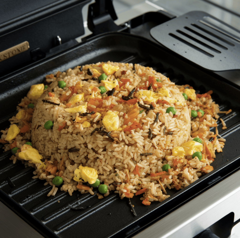 Blackstone Fried Rice being cooked on a griddle with fresh vegetables, eggs, and shrimp.