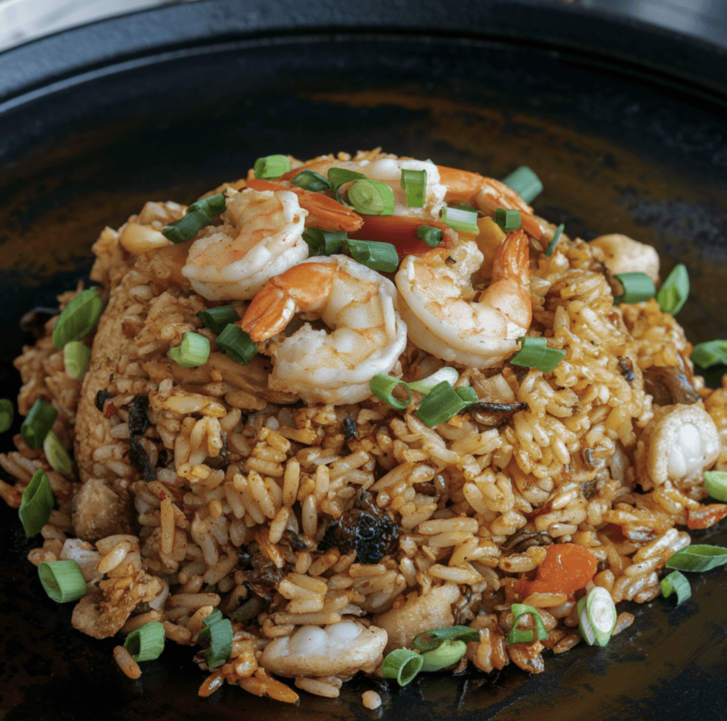 Blackstone Fried Rice being cooked on a griddle with fresh vegetables, eggs, and shrimp.