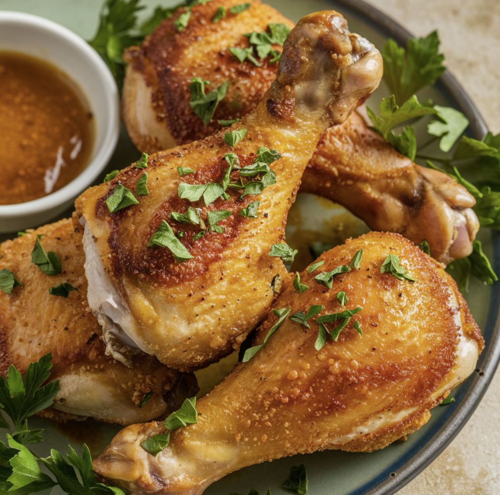 Air fryer chicken legs served on a plate with crispy golden skin and a side of fresh vegetables.