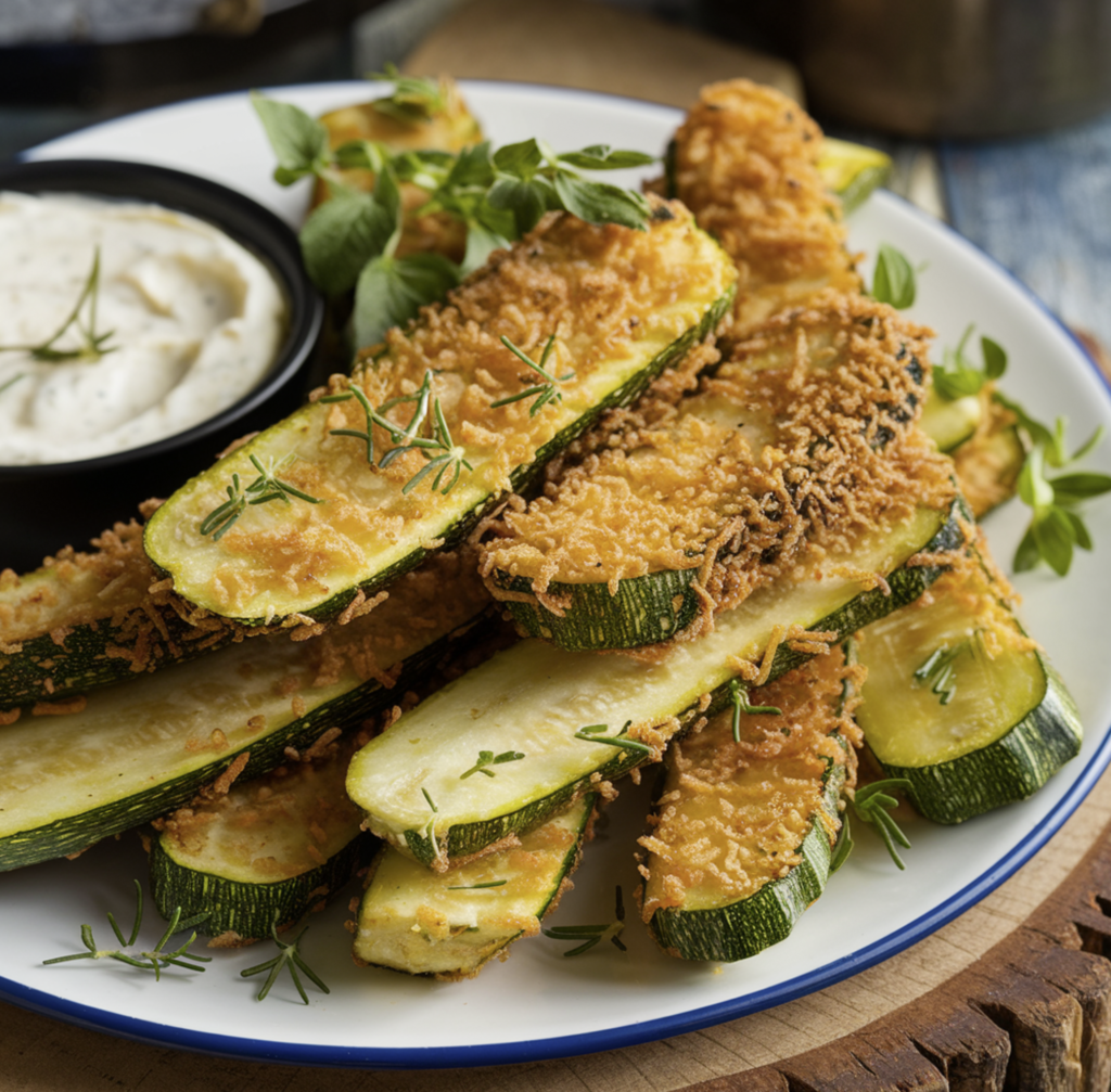 A plate of crispy zucchini fries served with dipping sauce.