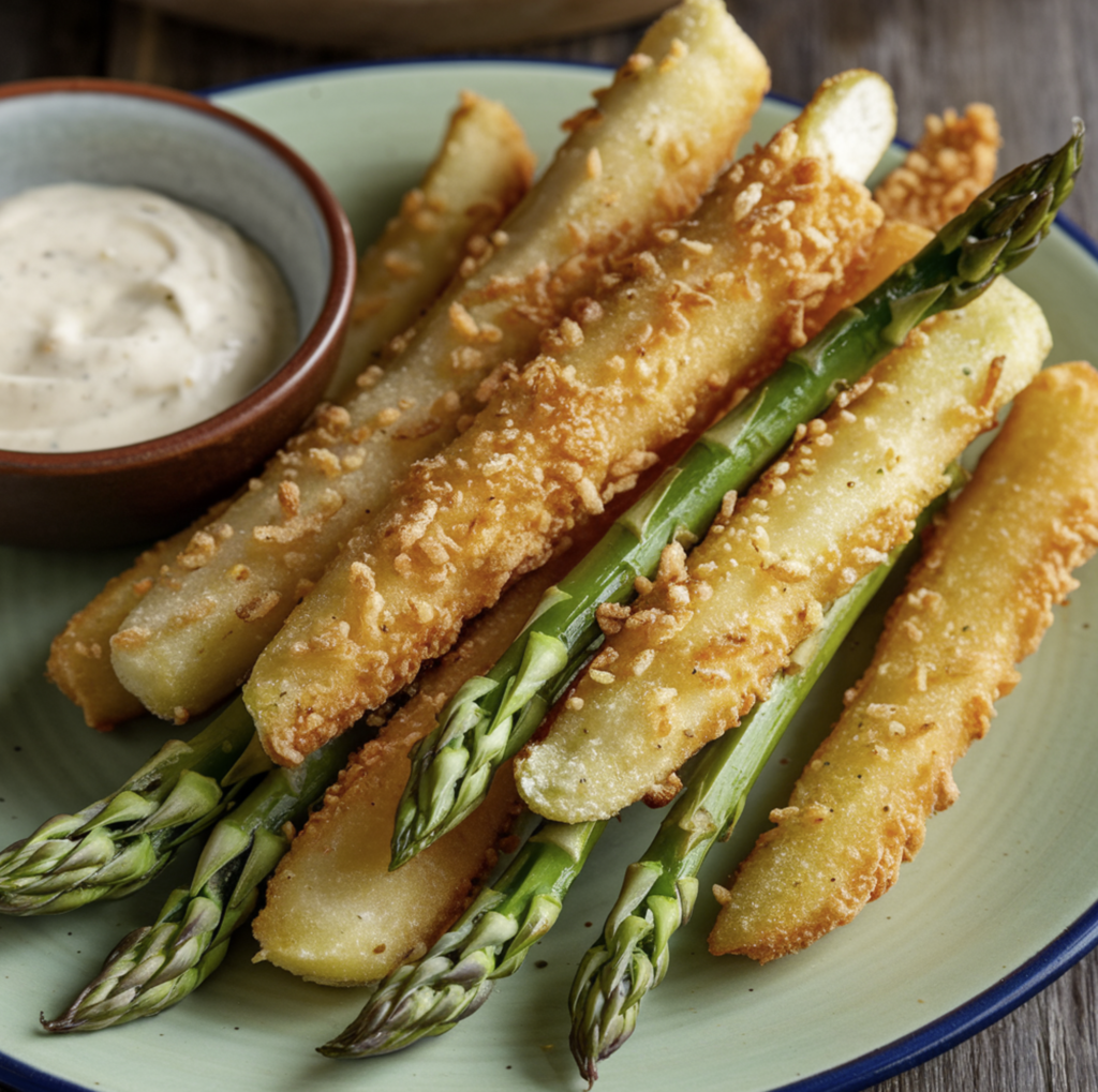 Golden crispy asparagus fries served with a tangy dipping sauce.