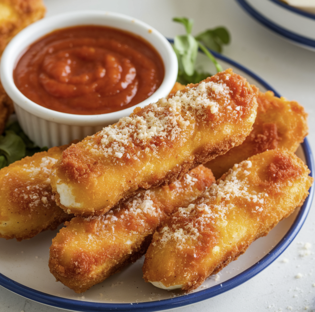 Crispy and golden Keto Mozzarella Sticks served with a dipping sauce.