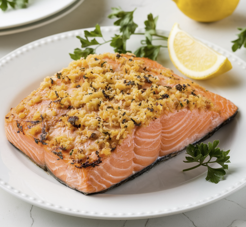 A perfectly golden Parmesan Crusted Salmon fillet on a white plate garnished with lemon wedges and fresh parsley.